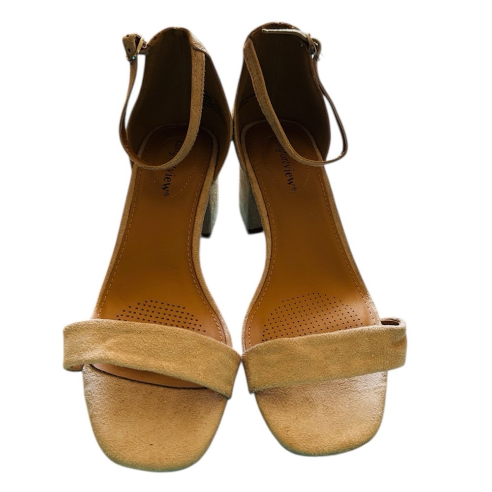 Comfortview Suede Tan Ankle Strap Heels. 8WW